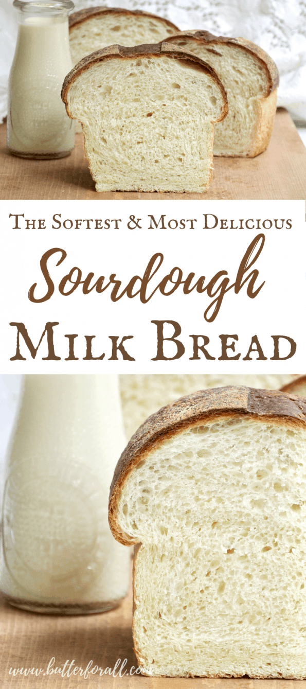 A collage showing loaves of sourdough milk bread with text overlay.