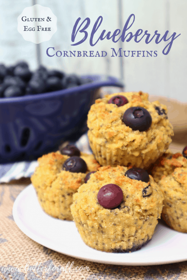 Pinterest image showing stacks of blueberry cornbread muffins with text.
