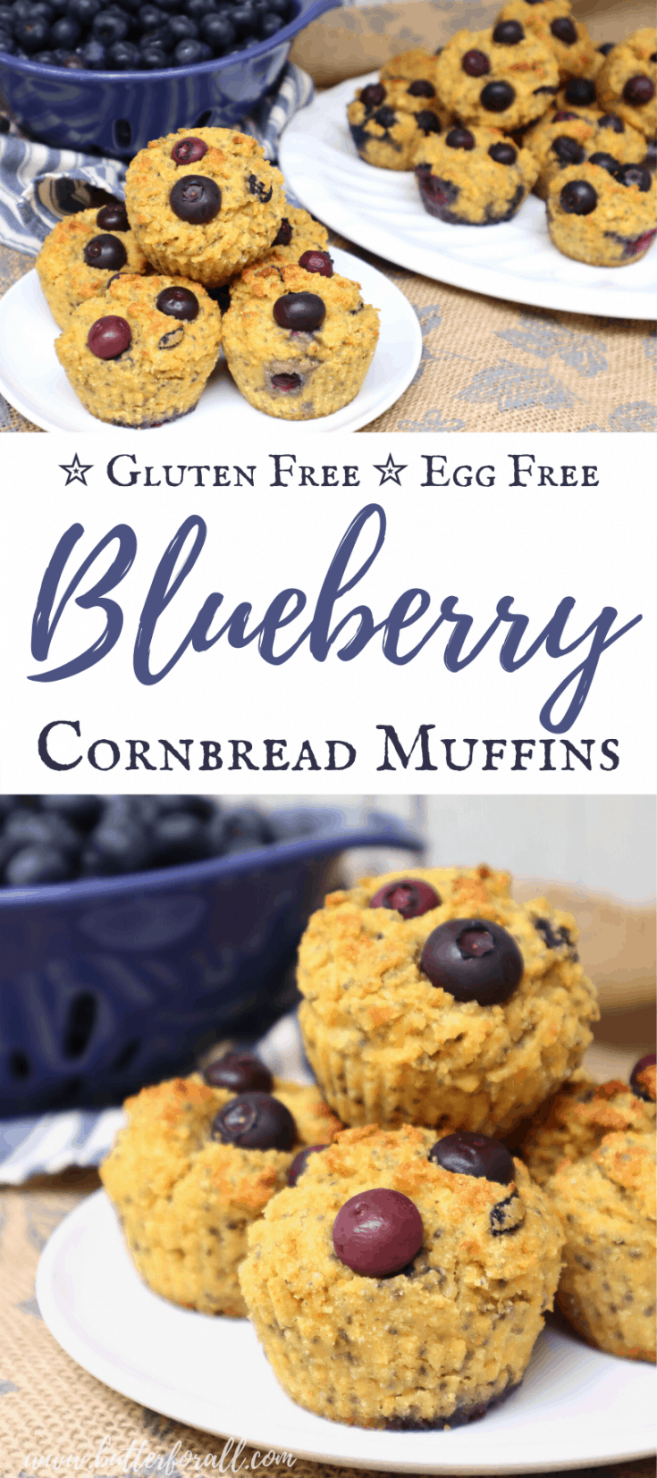 Long Pinterest collage showing stacks of blueberry cornbread muffins with text.