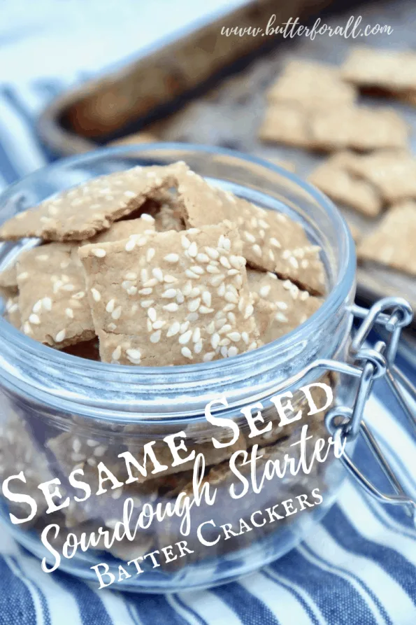 Pinterest image showing a jar full of sesame seed sourdough starter crackers with text overlay.