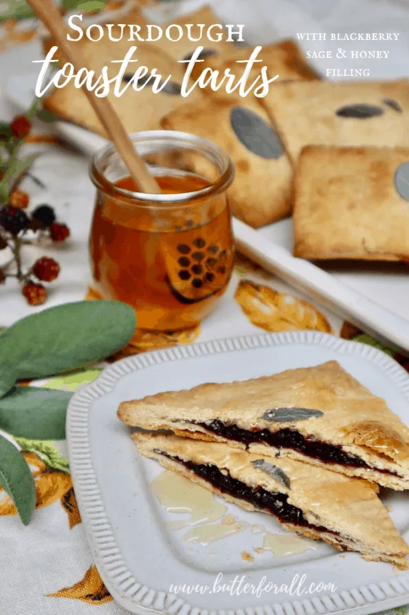 A Pinterest image showing a golden-brown tart cut in half revealing the soft blackberry center, with a jar of honey and a plate of whole tarts in the background. 