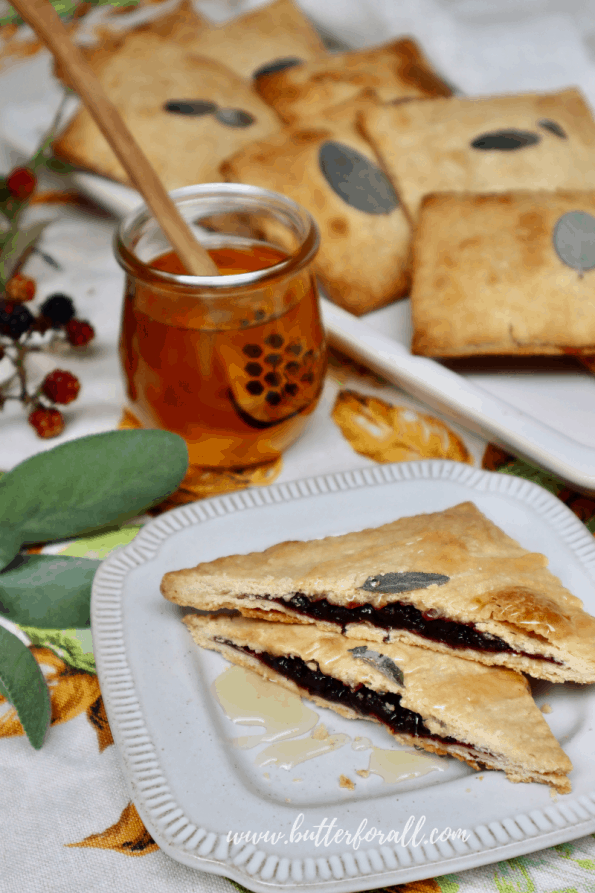 A plate with a golden brown sourdough toaster tart cut in half and drizzled with raw honey.