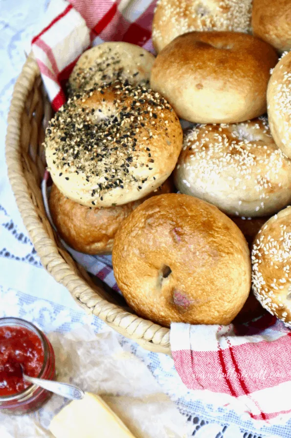 Basket of soft and chewy sourdough bagels.