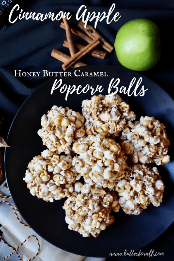 Pinterest image showing a plate of seven Cinnamon Apple Honey-Butter Caramel Popcorn Balls with text overlay.