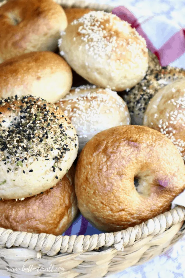 Basket of soft and chewy sourdough bagels.