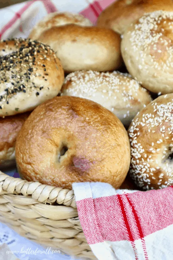 Basket of soft and chewy sourdough bagels.
