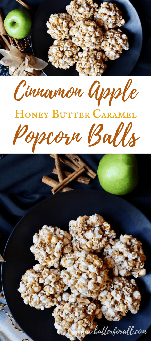 Pinterest collage image showing a plate of seven Cinnamon Apple Honey-Butter Caramel Popcorn Balls with text overlay.