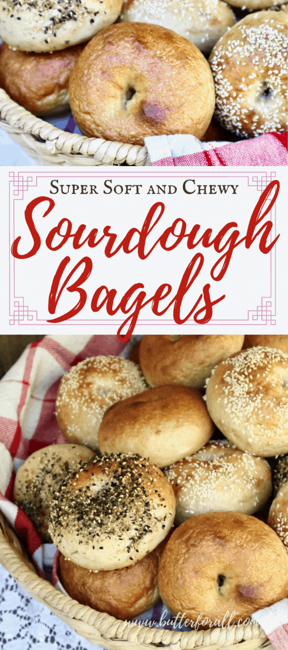 Long Pinterest collage image showing baskets of sourdough bagels with text.