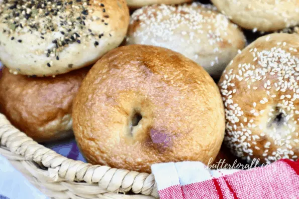 Basket of soft and chewy sourdough bagels.