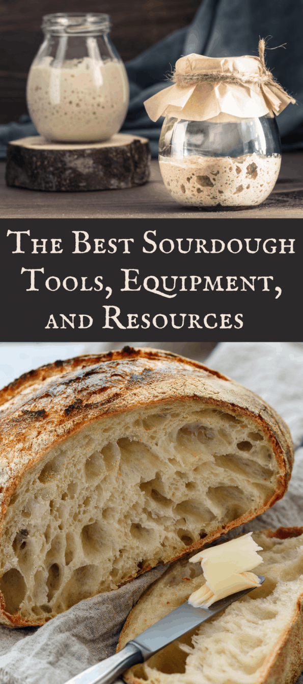 Long Pinterest image showing jars of sourdough starter and a loaf of sourdough bread with text.