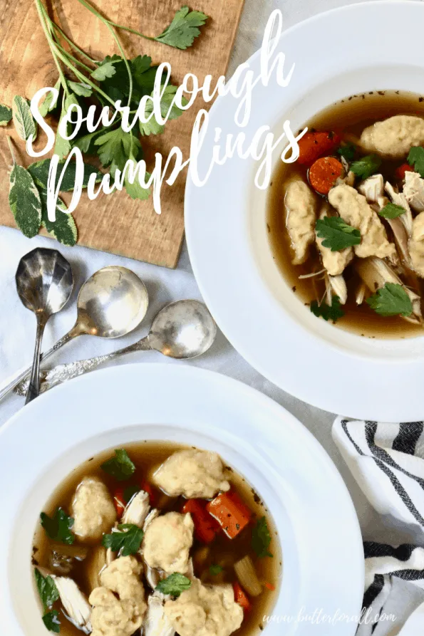 Pinterest image showing bowls of Chicken and Dumpling Soup with text overlay.