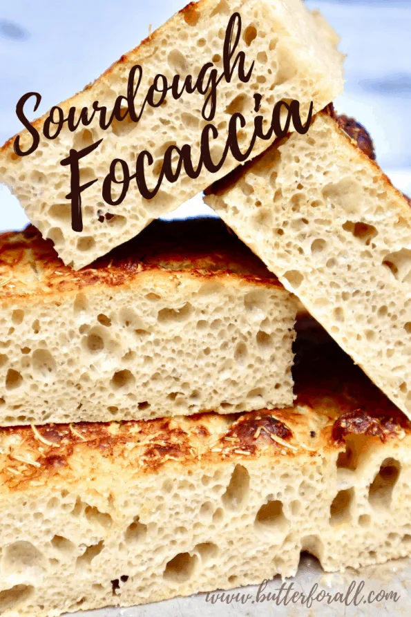 Pinterest Image with title text showing stacked cut focaccia.