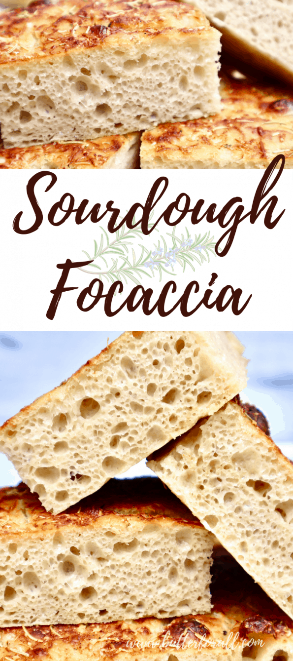 Long Pinterest collage image showing stacks of sliced sourdough focaccia with text overlay.