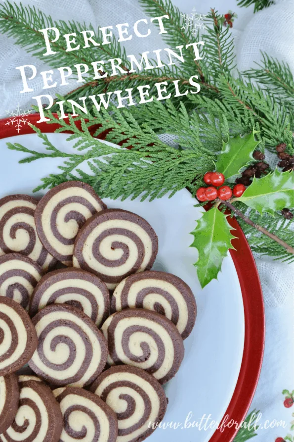 Pinterest image showing a plate of Perfect Peppermint Pinwheel Cookies with title text.