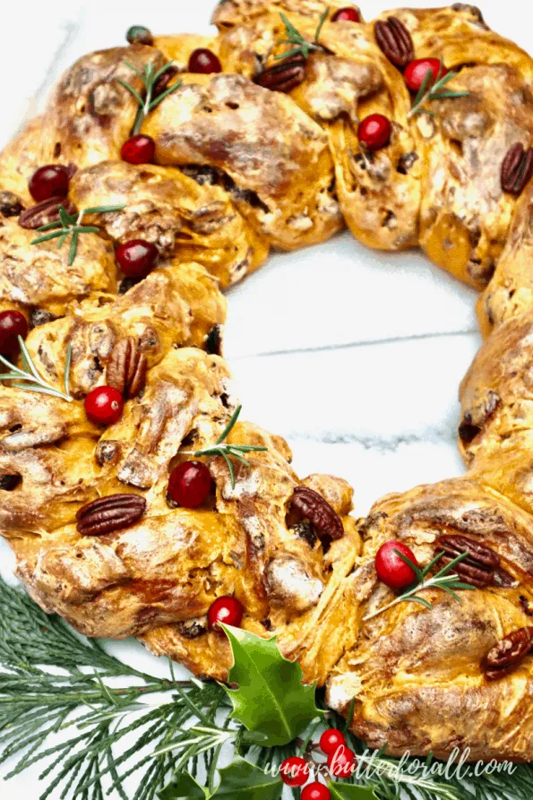 A close-up of a braided sourdough wreath.