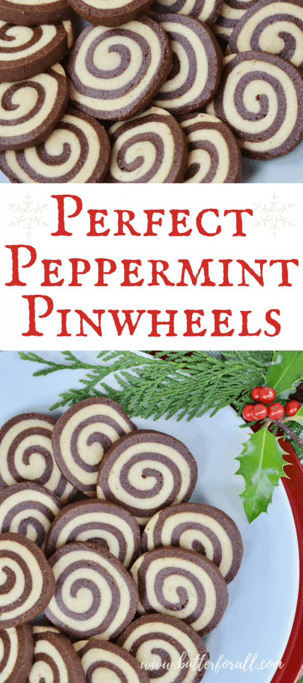 Pinterest image showing a plate of Perfect Peppermint Pinwheel Cookies with title text.