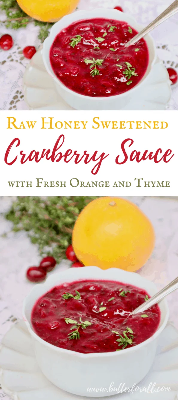 Pinterest collage image showing two photos of fresh, bright red cranberry sauce with a text overlay.