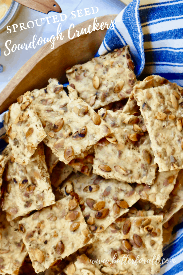 A bowl full of crispy, golden brown, seeded sourdough crackers with title text.