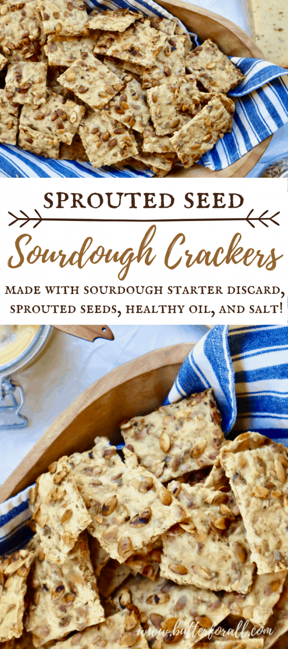 Pinterest collage image with text showing a bowl full of sprouted seed sourdough crackers. 