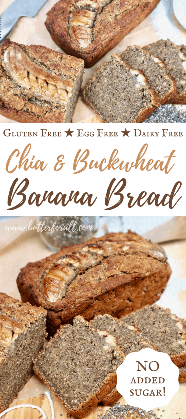 Golden brown buckwheat banana bread with title text overlay.