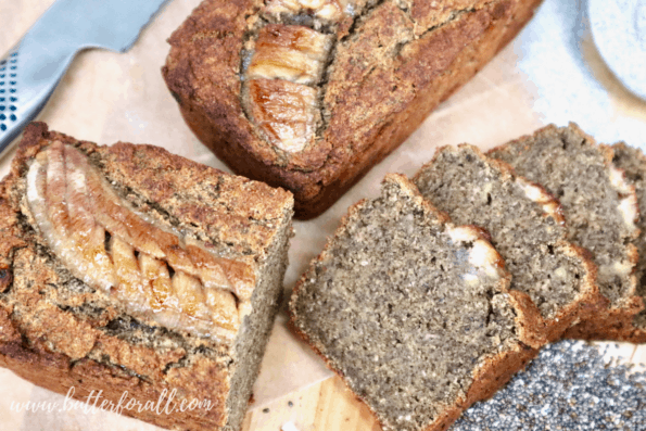 Sliced buckwheat banana bread with caramelized banana and chia seeds.