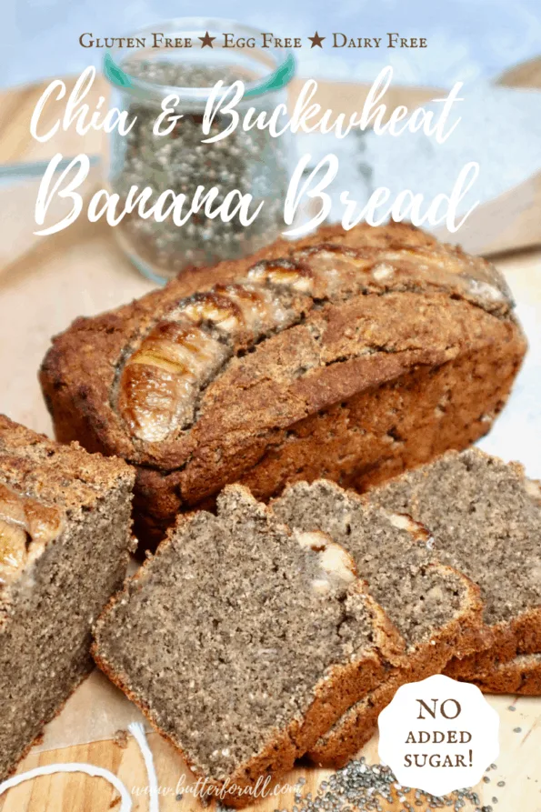 Sliced buckwheat banana bread with title text overlay.