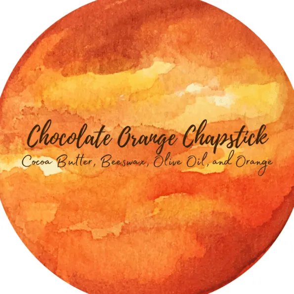 Watercolor label for a chocolate orange chapstick made with cocoa butter, beeswax, olive oil, and orange essential oil.