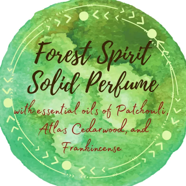 Watercolor label for a solid perfume made with patchouli, atlas cedarwood, and frankincense. 