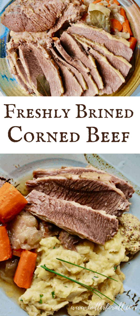 Fresh sliced corned beef with text overlay.