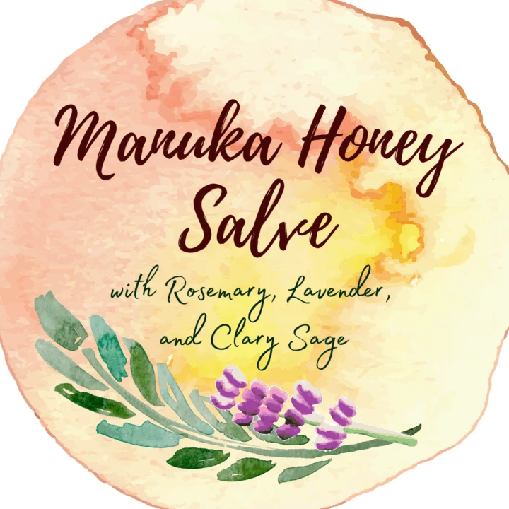 Watercolor label for Manuka honey salve with rosemary, lavender, and clary sage.