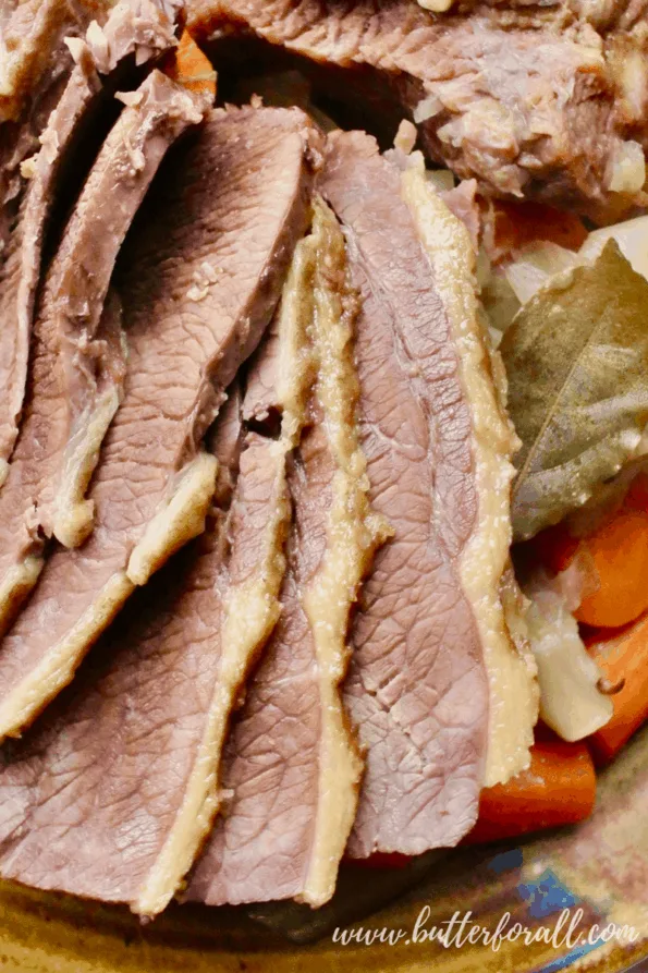 A close-up of tender corned beef slices.