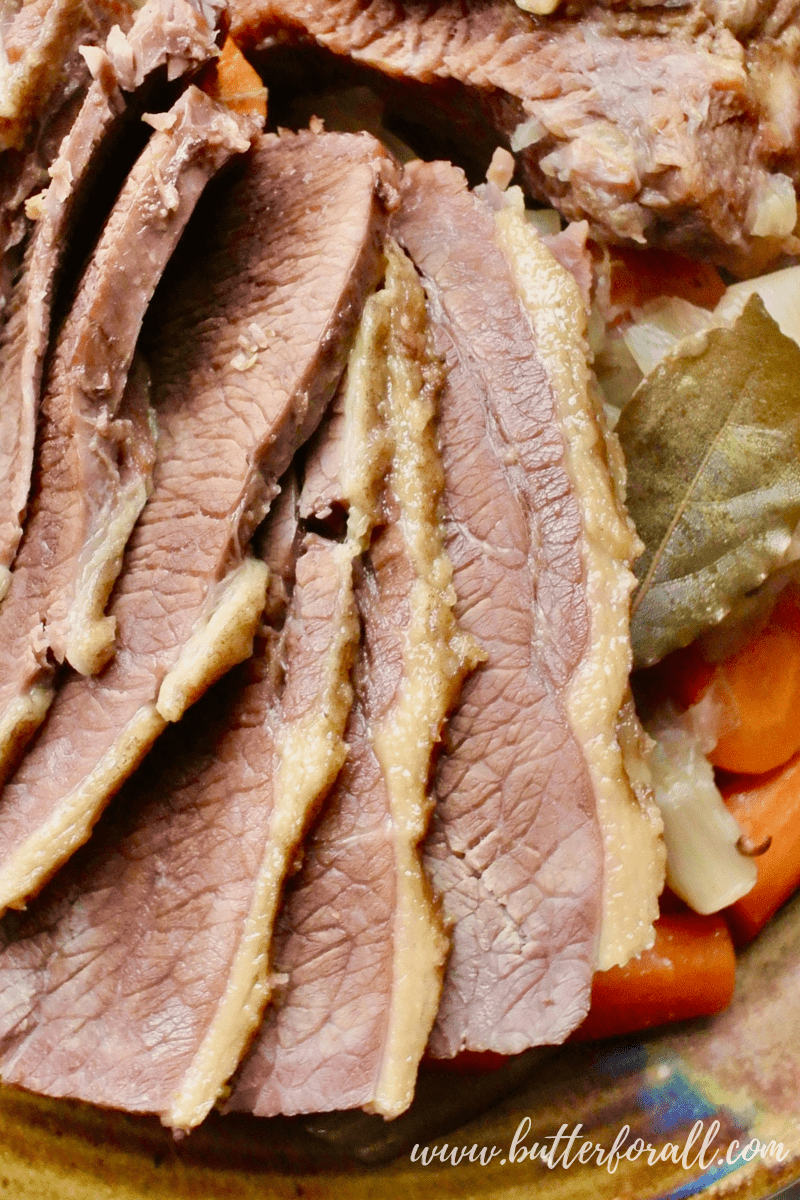 A close-up of tender corned beef slices.