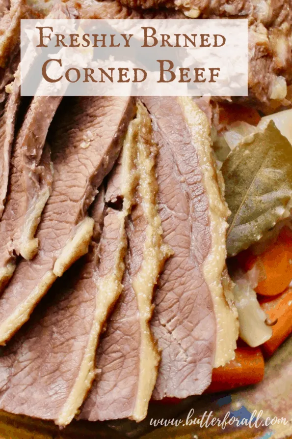 Fresh sliced corned beef with text overlay.