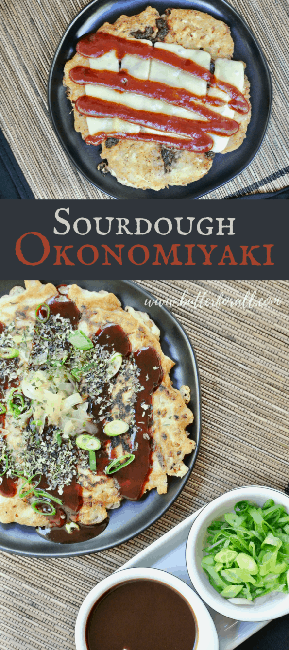 Photo collage of sourdough okonomiyaki with toppings and title text overlay.