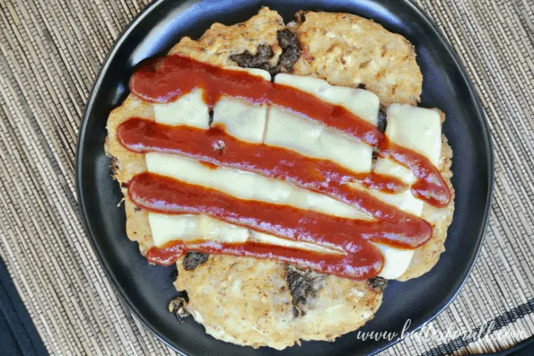 Sourdough okonomiyaki with ground beef, cheese, and ketchup.