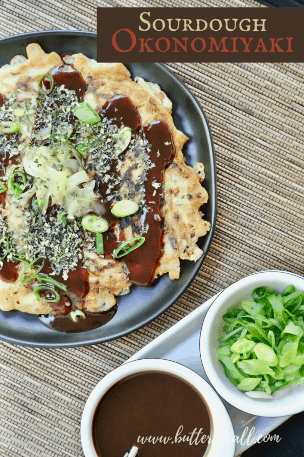 Okonomiyaki with aonori topping.