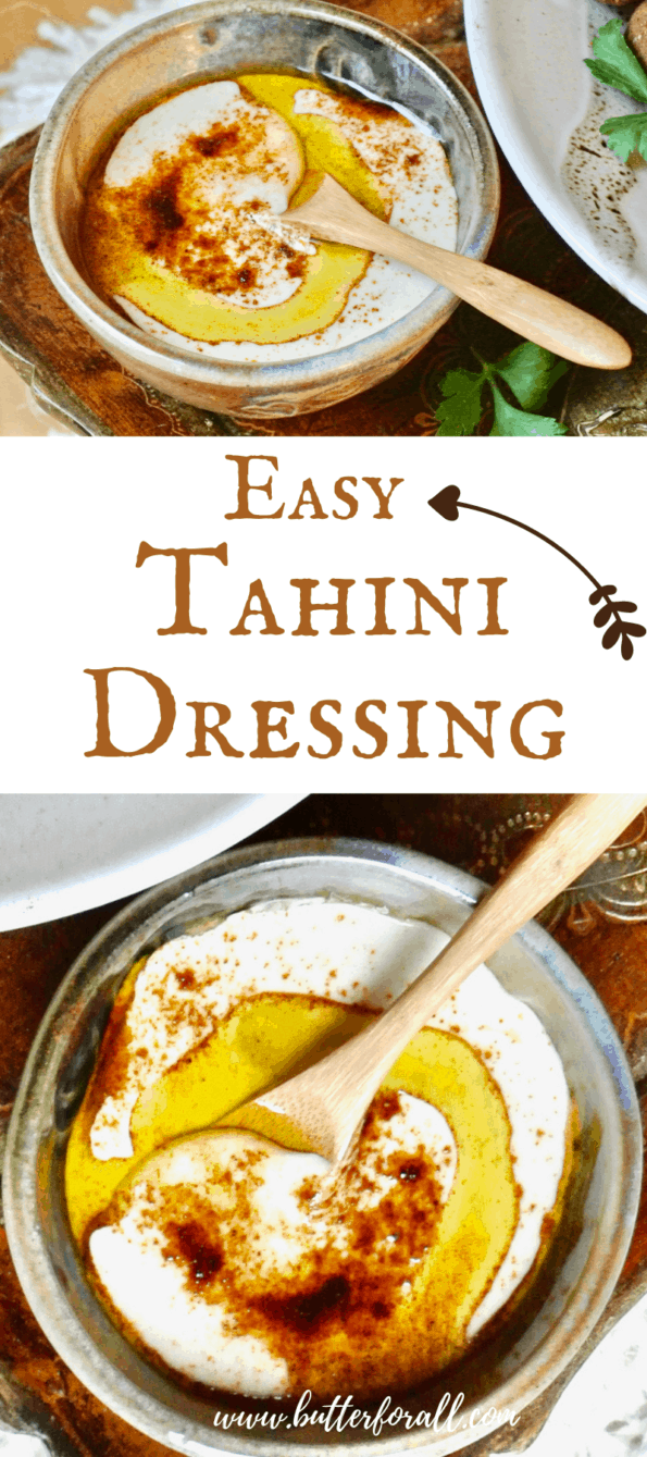 Tahini dressing photo collage with text.