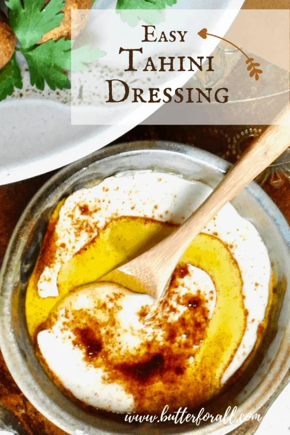 Tahini dressing in a bowl with text.