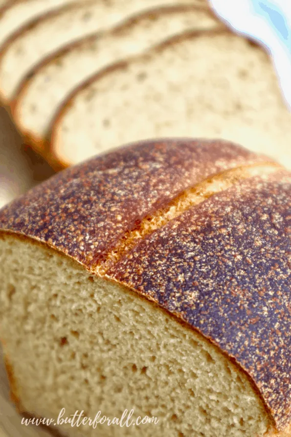 The golden-brown crust of a freshly baked loaf of Kamut sourdough sandwich bread.