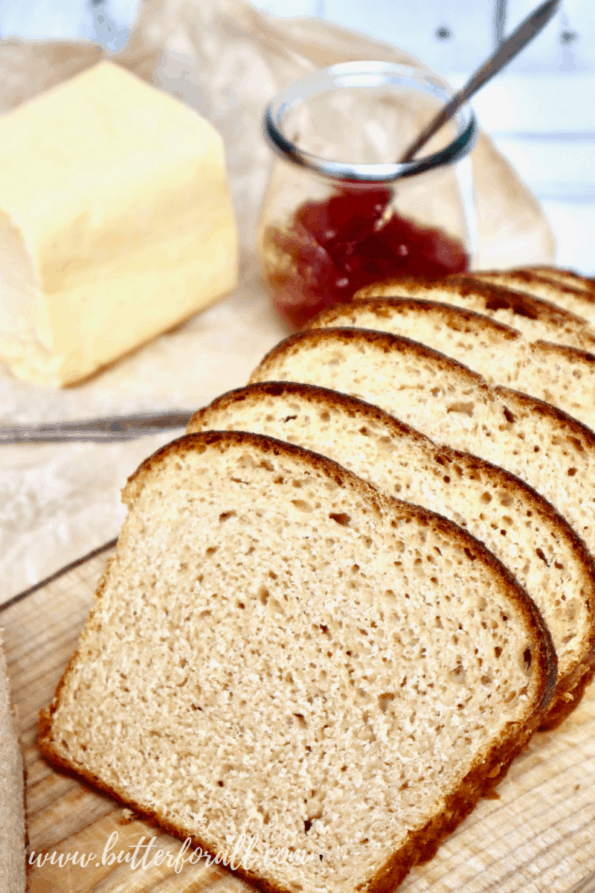 Slices of freshly baked Kamut sourdough sandwich bread.