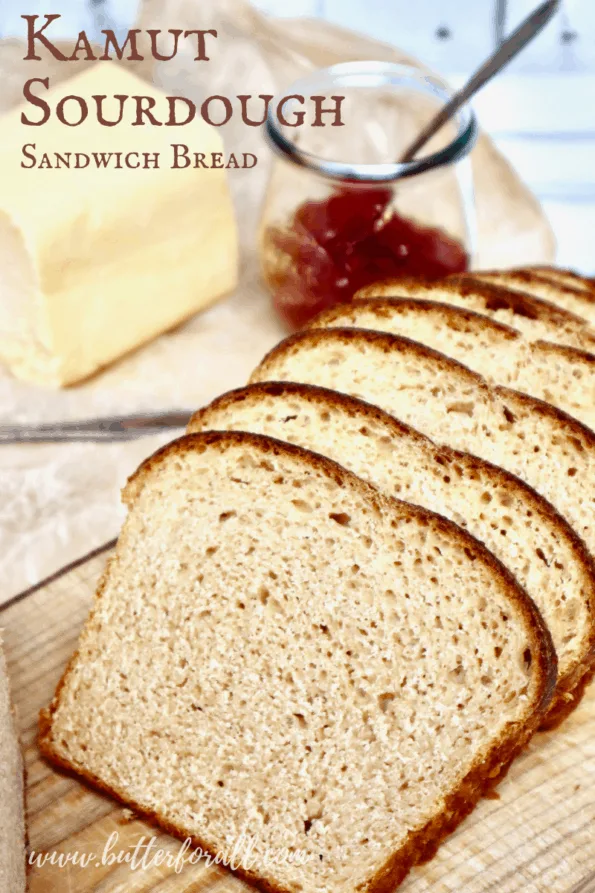 Slices of fresh Kamut sourdough with title text overlay.