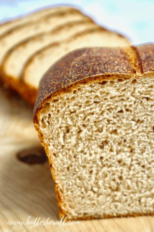 The beautiful crumb of a loaf of Kamut sourdough sandwich bread.