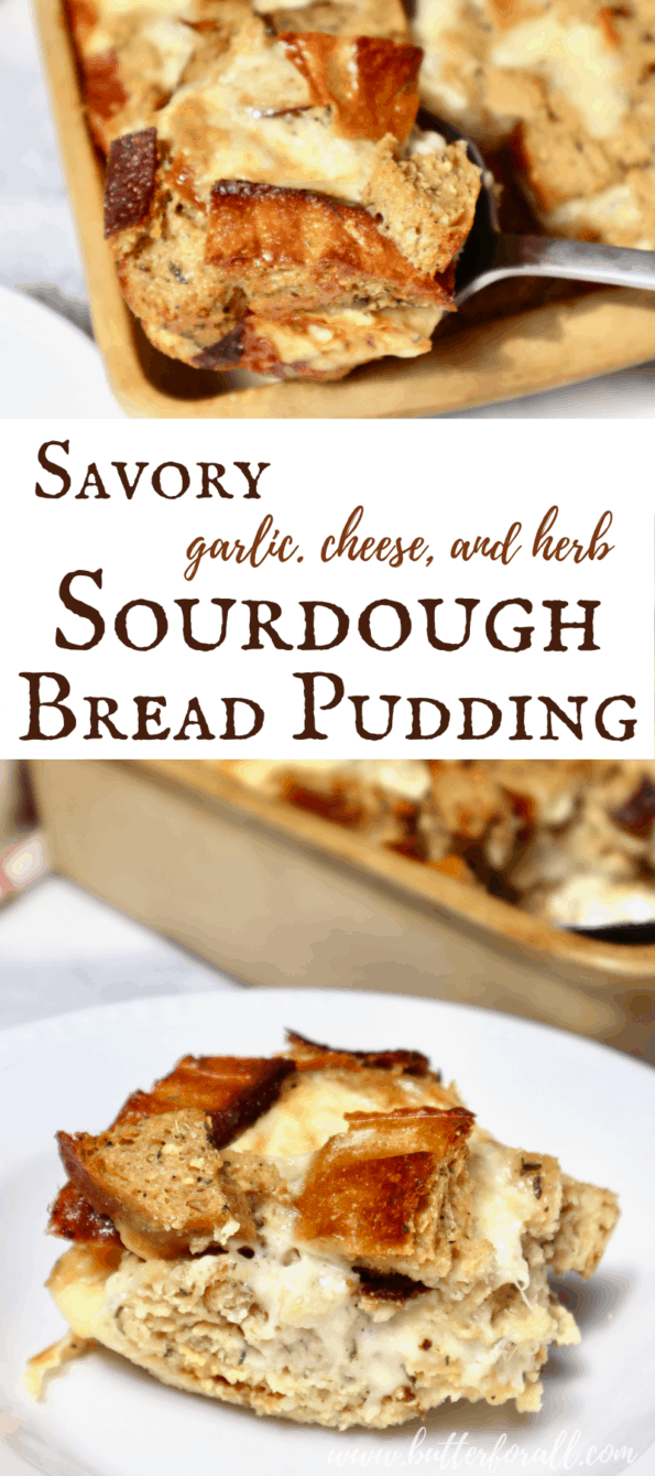 Savory sourdough bread pudding collage with text.
