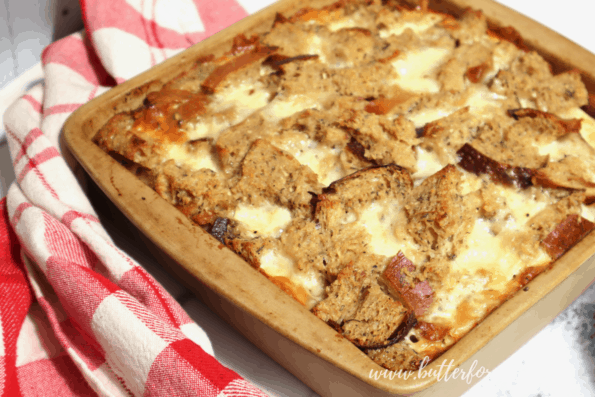 Cheesy bread pudding hot out of the oven.