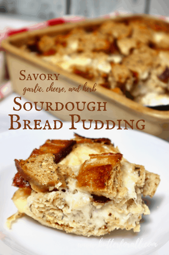 A serving of savory sourdough bread pudding with text overlay.