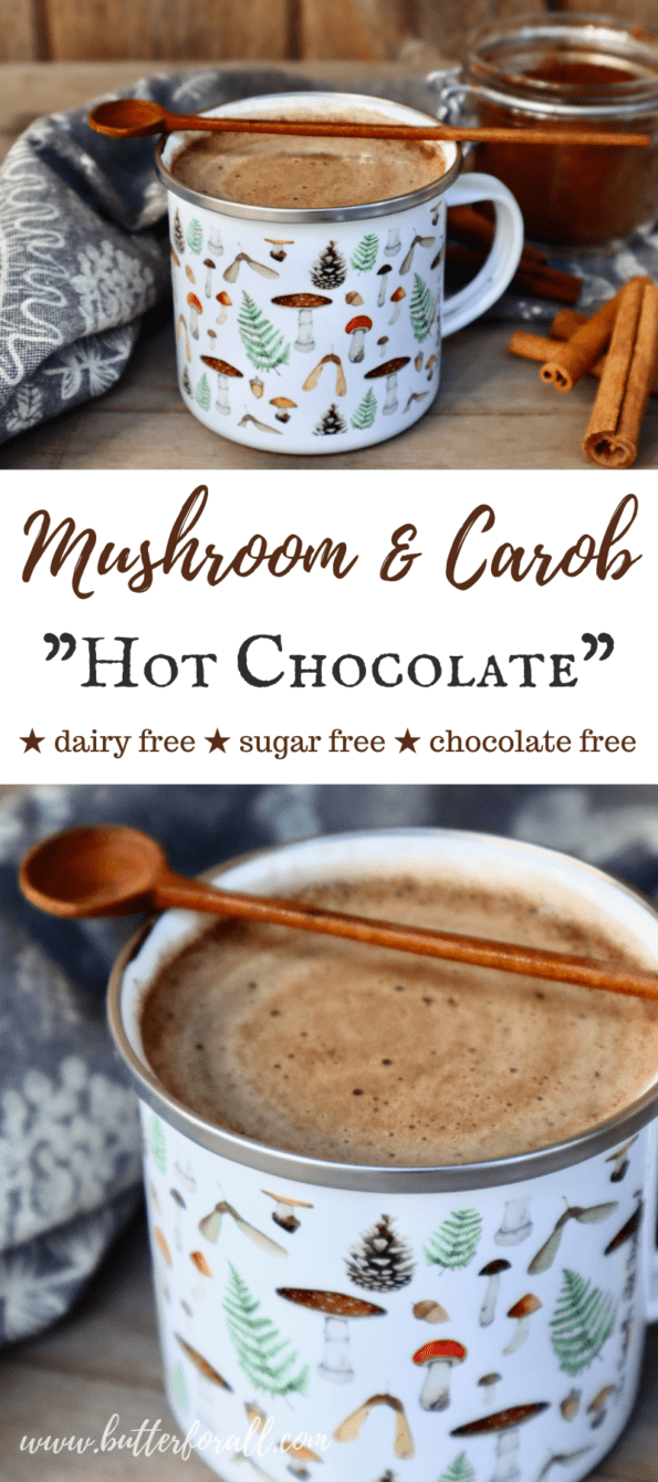 A two-photo collage showing mugs of creamy mushroom and carob hot chocolate with descriptive text.