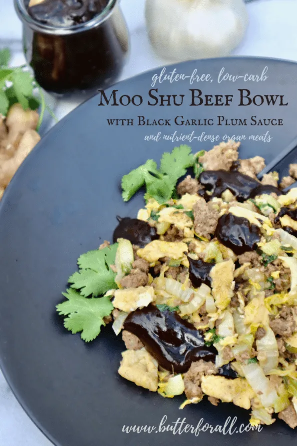 Moo shu beef bowl with text overlay.