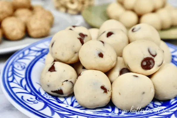 Close-up of the chocolate chip cashew cookie dough bites. 