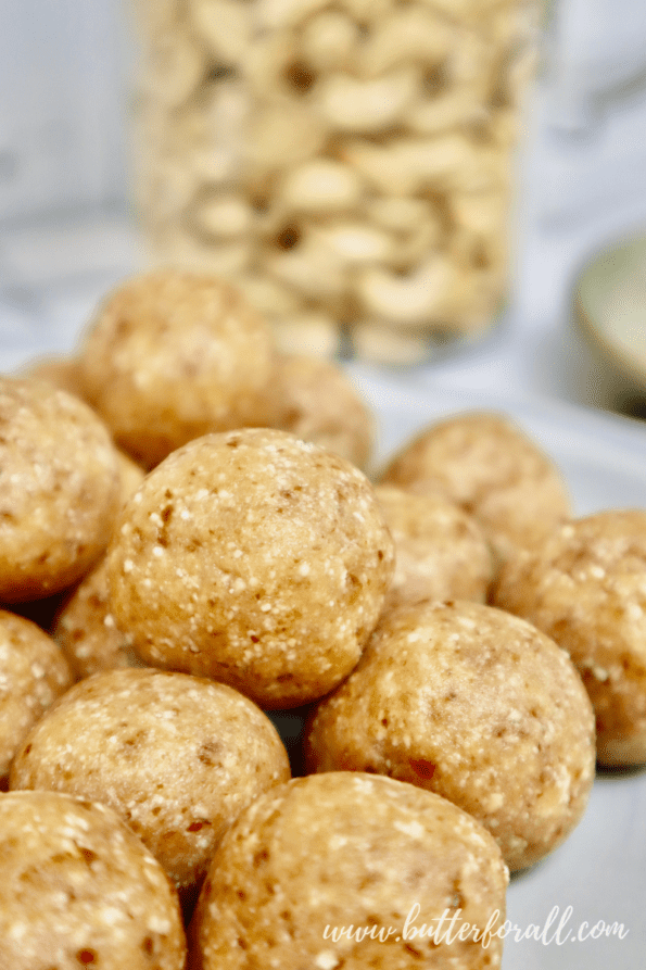 Close-up of the date-sweetened snickerdoodle cashew cookie dough bites. 