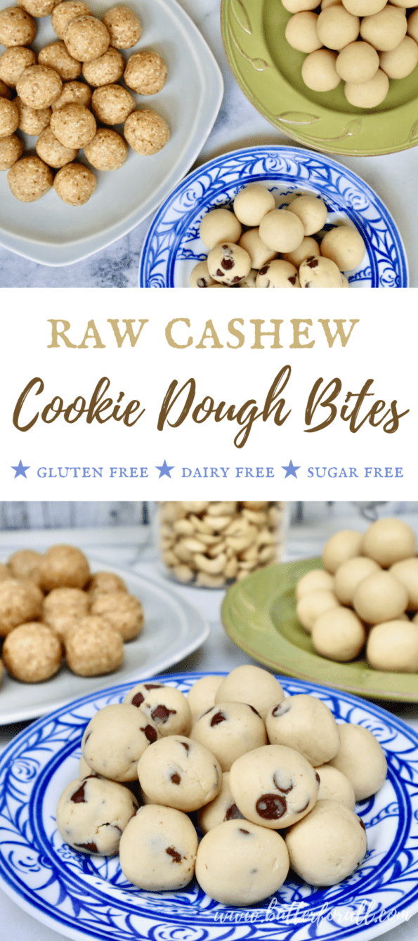 Plates of different flavors of cashew cookie dough bites with text overlay. 